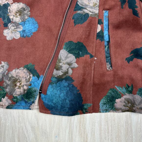 Elie Tahari Faux Leather Brown Hydrangea Floral Print Boho Chic Moto Jacket XL - Picture 5 of 16